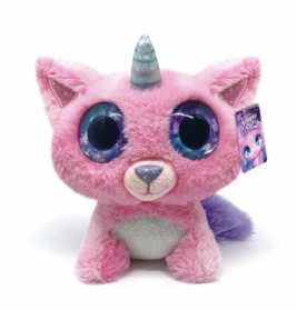 Rosa Plüsch-Einhornkatze mit großen blauen Augen, silbernem Horn und lila Schweif.