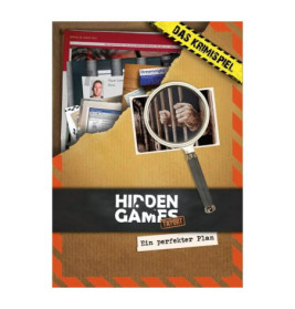 Deutsches Krimispiel-Cover mit Akten, Fahndungsfoto und Hand hinter Gittern unter einer Lupe.