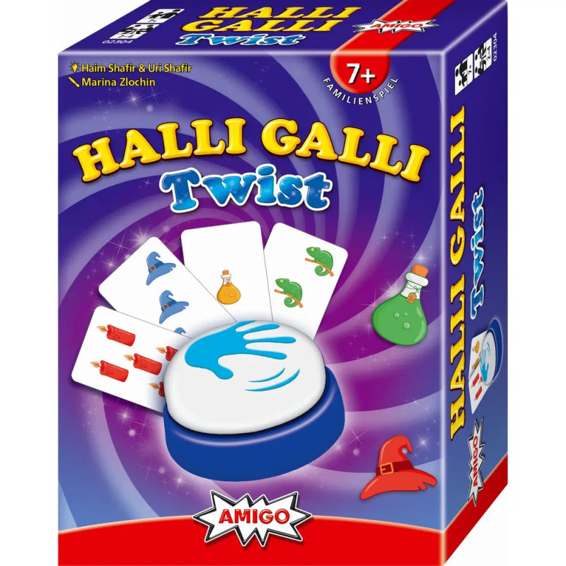 Halli Galli Twist Spielbox mit Karten, Glocke und buntem Design auf lila Hintergrund.