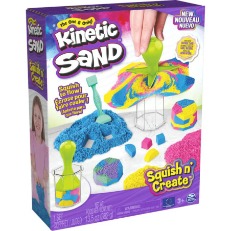 Kinetic Sand Squish n Create: Box mit buntem Sand und Förmchen, geeignet für Kinder ab 3 Jahren.