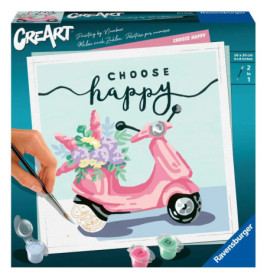 Eine Hand malt auf einem Malen-nach-Zahlen-Bild einen pinken Roller mit Blumen und dem Schriftzug Choose happy.
