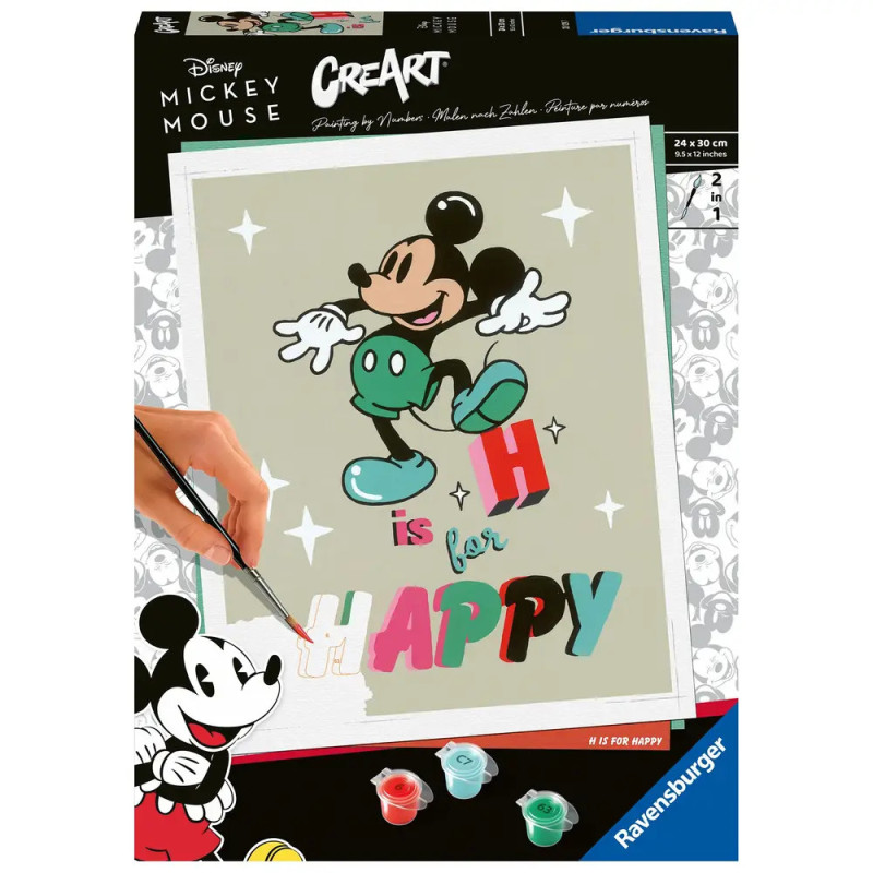 Mickey-Mouse-Malset: Box mit Aufschrift H is for HAPPY und abgebildeten Malutensilien.
