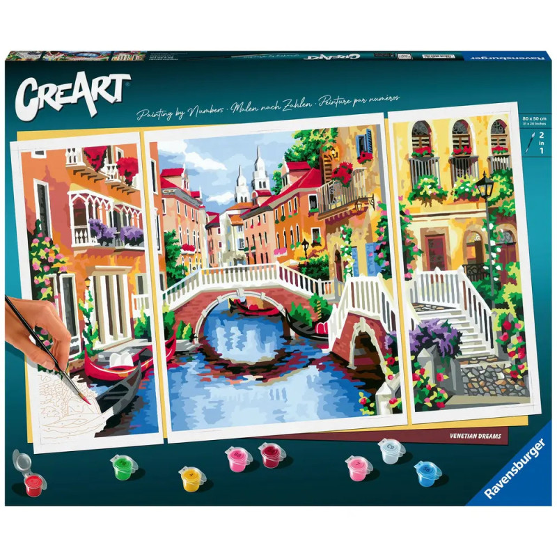 Malen-nach-Zahlen-Set mit farbenfroher Venedig-Kanalszene, Brücken, Gebäuden und Blumen. Malen-nach-Zahlen-Set mit farbenfroher Venedig-Kanalszene, Brücken, Gebäuden und Blumen.
