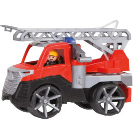 Rotes Spielzeug-Feuerwehrauto mit großen Rädern, grauer Leiter und lächelnder Feuerwehrfigur am Steuer.