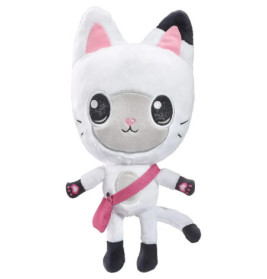 Plüschfigur einer weißen Katze mit großen Augen, rosa Nase und einer rosa Tasche quer über dem Körper.