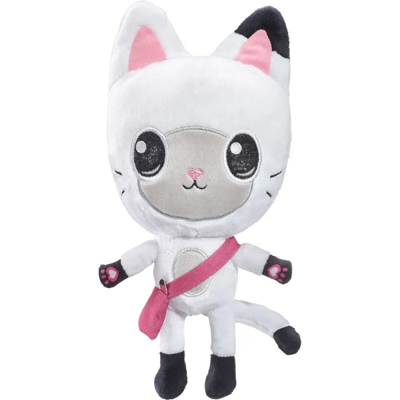 Plüschfigur einer weißen Katze mit großen Augen, rosa Nase und einer rosa Tasche quer über dem Körper.