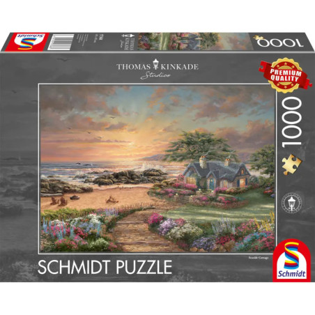 Schmidt Puzzle mit 1000 Teilen: Motiv eines Küstenhauses mit bunten Gärten und Sonnenuntergang auf der Verpackung.