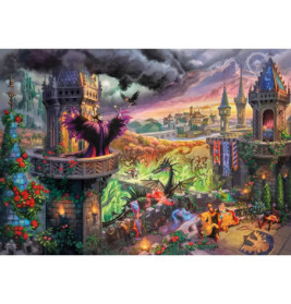 Bunte Fantasy-Schloss-Szene mit Zauberin, Drache, Rittern und stürmischem Himmel.