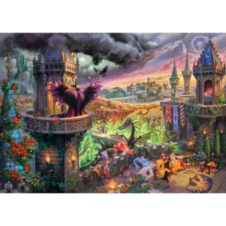 Bunte Fantasy-Schloss-Szene mit Zauberin, Drache, Rittern und stürmischem Himmel.
