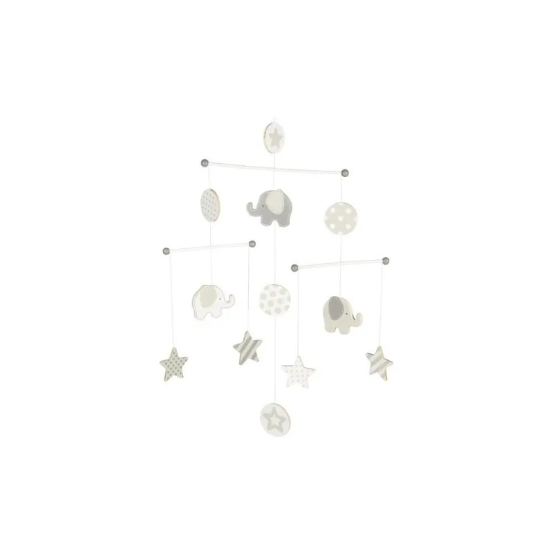 Babymobil mit Elefanten, Sternen und Kreisen in sanften Farben vor weißem Hintergrund.