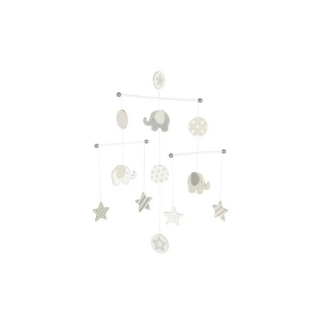 Babymobil mit Elefanten, Sternen und Kreisen in sanften Farben vor weißem Hintergrund.