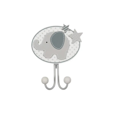 Grauer Elefanten-Wandhaken mit Sternakzenten und zwei abgerundeten Haken vor weißem Hintergrund.