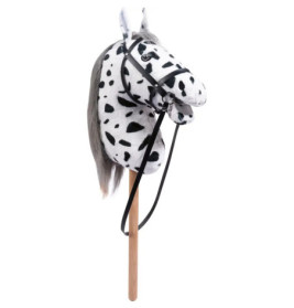 Plüsch-Steckenpferd mit schwarz-weißen Flecken, grauer Mähne und Zügeln auf einem Holzstab.