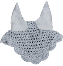 Gehäkelte graue Pferdeohrenhaube mit Muschelkante und Stoffohren.