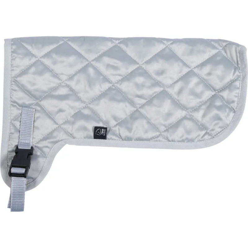 Gestepptes silbergraues Hundemantel mit seitlichem Schnallenverschluss und Rautenmuster.