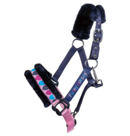 Navy-pinkes Pferdehalfter mit Herzmuster, Funny Horses-Schriftzug und weicher schwarzer Fleece-Polsterung.