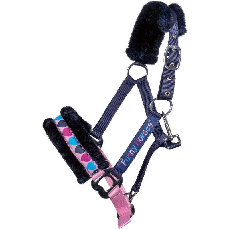 Navy-pinkes Pferdehalfter mit Herzmuster, Funny Horses-Schriftzug und weicher schwarzer Fleece-Polsterung.