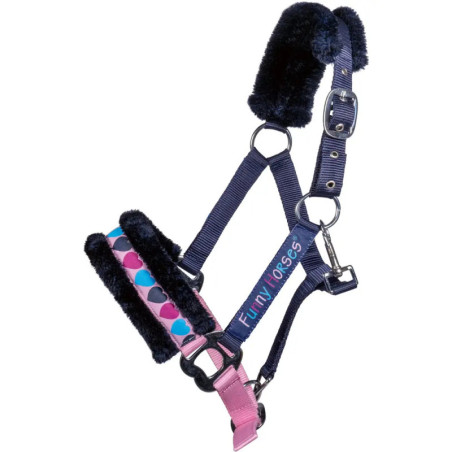 Navy-pinkes Pferdehalfter mit Herzmuster, Funny Horses-Schriftzug und weicher schwarzer Fleece-Polsterung.