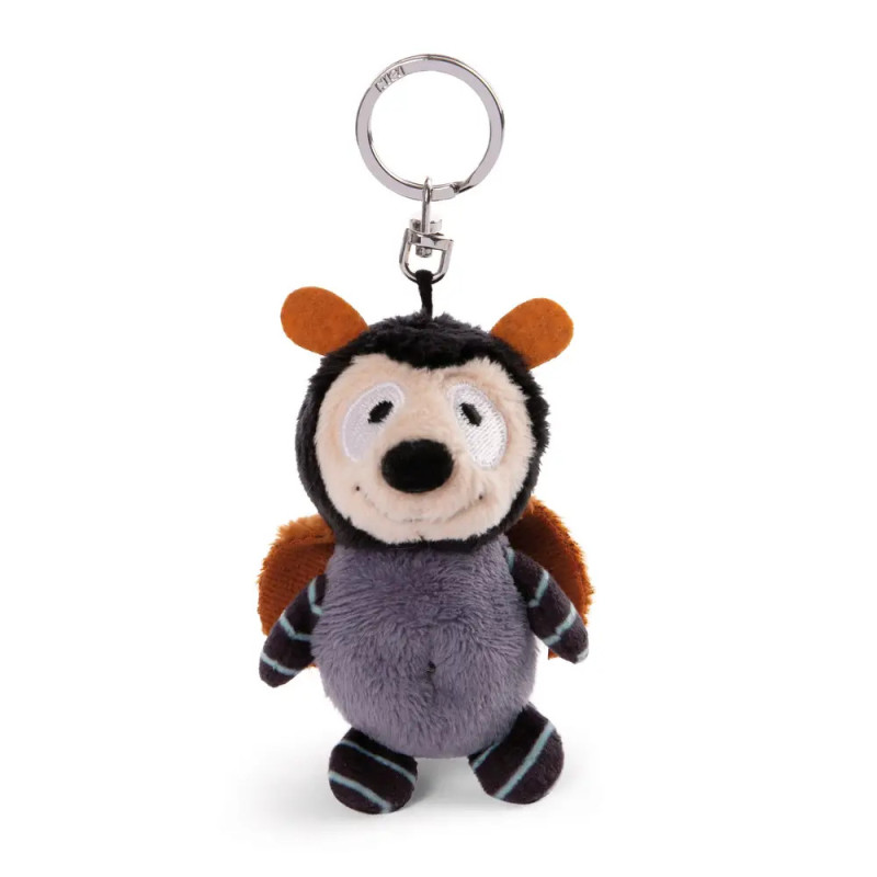 Plüsch-Bienenschlüsselanhänger mit orangefarbenen Fühlern, braunen Flügeln, gestreiften Armen und lächelndem Gesicht.