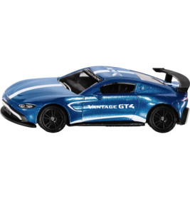 Blauer Spielzeug-Sportwagen mit schwarzen Rädern und VANTAGE GT4-Schriftzug, von links gesehen.