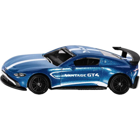 Blauer Spielzeug-Sportwagen mit schwarzen Rädern und VANTAGE GT4-Schriftzug, von links gesehen.