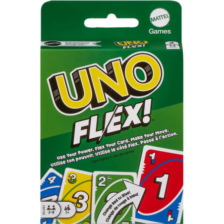 UNO Flex! Kartenspielschachtel mit bunten Karten und Mattel Games Logo oben rechts.
