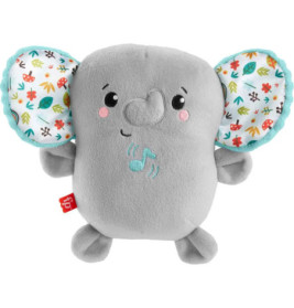 Graues Plüschelefant-Spielzeug mit bunt gemusterten Ohren und einer blauen Musiknote auf dem Bauch.