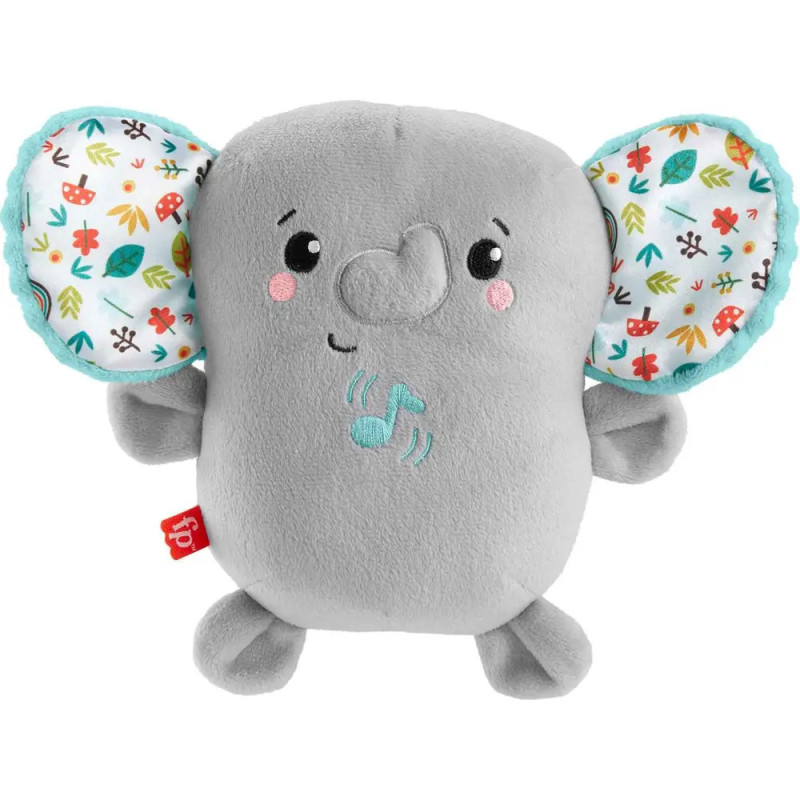 Graues Plüschelefant-Spielzeug mit bunt gemusterten Ohren und einer blauen Musiknote auf dem Bauch. Graues Plüschelefant-Spielzeug mit bunt gemusterten Ohren und einer blauen Musiknote auf dem Bauch.