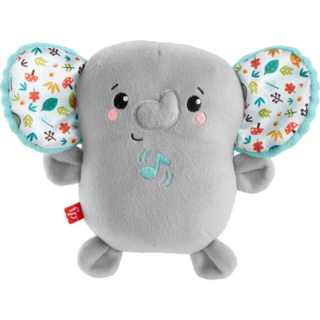 Graues Plüschelefant-Spielzeug mit bunt gemusterten Ohren und einer blauen Musiknote auf dem Bauch.