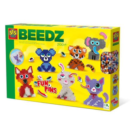 Gelbe BEEDZ-Box mit bunten Tiermotiv-Perlen und Stecknadeln, enthält 2100 Perlen.