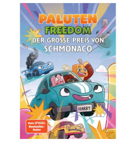 Cartoon-Autos mit Gesichtern fahren auf bunter Strecke Titel: PALUTEN FREEDOM Der große Preis von Schmonaco.