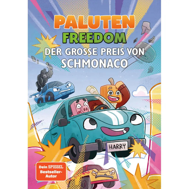 Cartoon-Autos mit Gesichtern fahren auf bunter Strecke Titel: PALUTEN FREEDOM Der große Preis von Schmonaco.