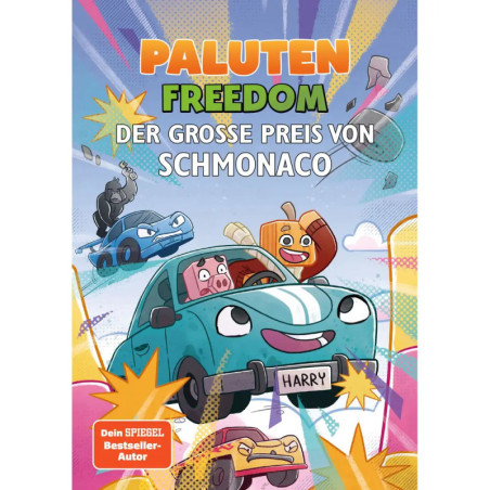 Cartoon-Autos mit Gesichtern fahren auf bunter Strecke Titel: PALUTEN FREEDOM Der große Preis von Schmonaco.