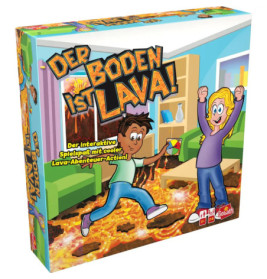 Spielschachtel Der Boden ist Lava!: Kinder springen im Wohnzimmer über gezeichnete Lava.