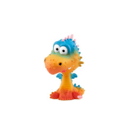 Bunter Spielzeug-Drache im Cartoon-Stil mit blauen, orangen und pinken Details, großen Augen und kleinen Flügeln.