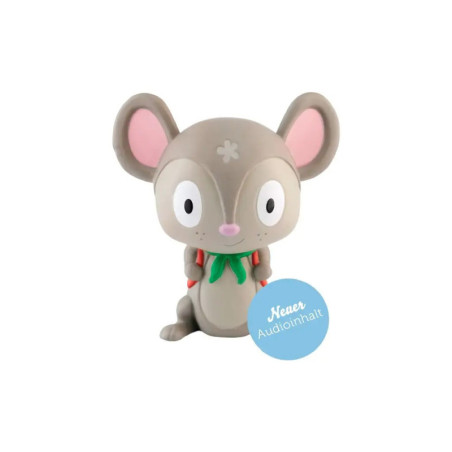 Graue Comic-Maus mit großen Ohren, grünem Schal und blauem Kreis mit der Aufschrift Neuer Audiobinhalt.