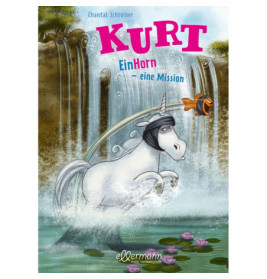 Ein Einhorn mit Stirnband springt von einem Wasserfall und richtet sein Horn auf einen Goldfisch in der Luft.