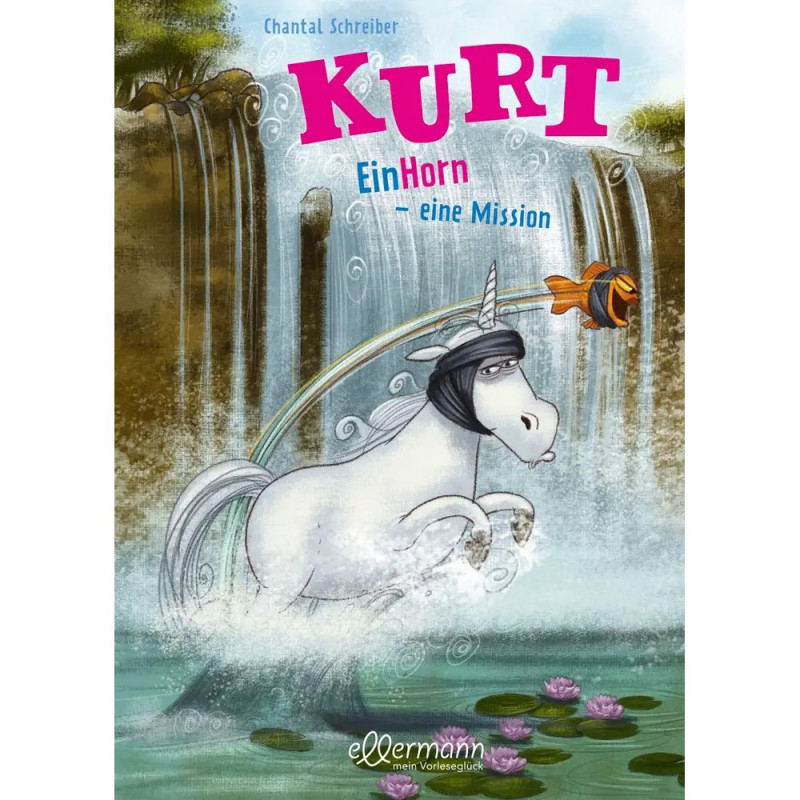 Ein Einhorn mit Stirnband springt von einem Wasserfall und richtet sein Horn auf einen Goldfisch in der Luft. Ein Einhorn mit Stirnband springt von einem Wasserfall und richtet sein Horn auf einen Goldfisch in der Luft.