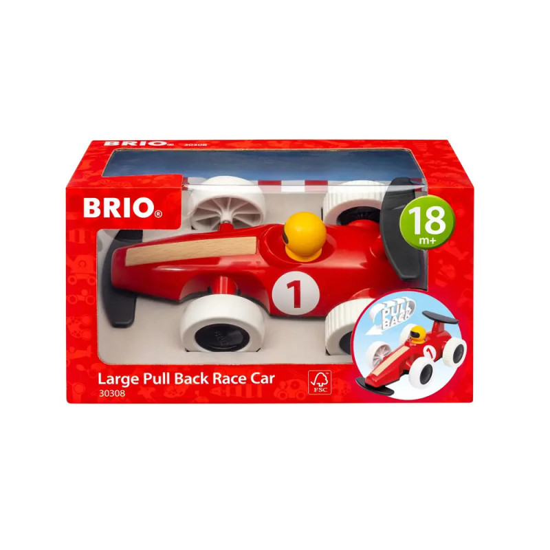 Rotes BRIO Rennauto im Karton, ab 18 Monaten geeignet, mit gelber Fahrerfigur. Rotes BRIO Rennauto im Karton, ab 18 Monaten geeignet, mit gelber Fahrerfigur.