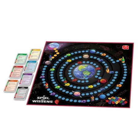 Ein spiralförmiges Weltraum-Brettspiel mit Karten, bunten Spielfiguren und dem Titel Spiel des Wissens.