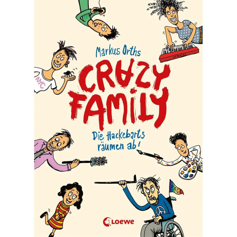 Buntes Buchcover mit sechs lustigen Comicfiguren, die um den roten Titel Crazy Family angeordnet sind.