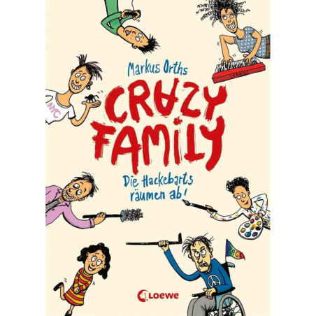 Buntes Buchcover mit sechs lustigen Comicfiguren, die um den roten Titel Crazy Family angeordnet sind.