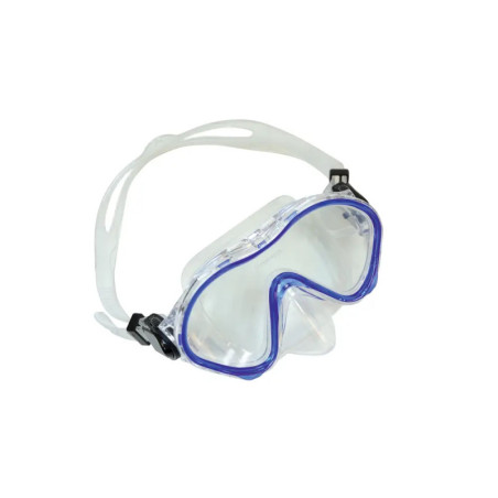 Durchsichtige Taucherbrille mit blauem Rand und verstellbarem weißem Band vor weißem Hintergrund. Durchsichtige Taucherbrille mit blauem Rand und verstellbarem weißem Band vor weißem Hintergrund.