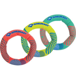 Drei bunte, gemusterte Schaumstoffringe mit blauem Schildkröt-Logo auf jedem Ring.