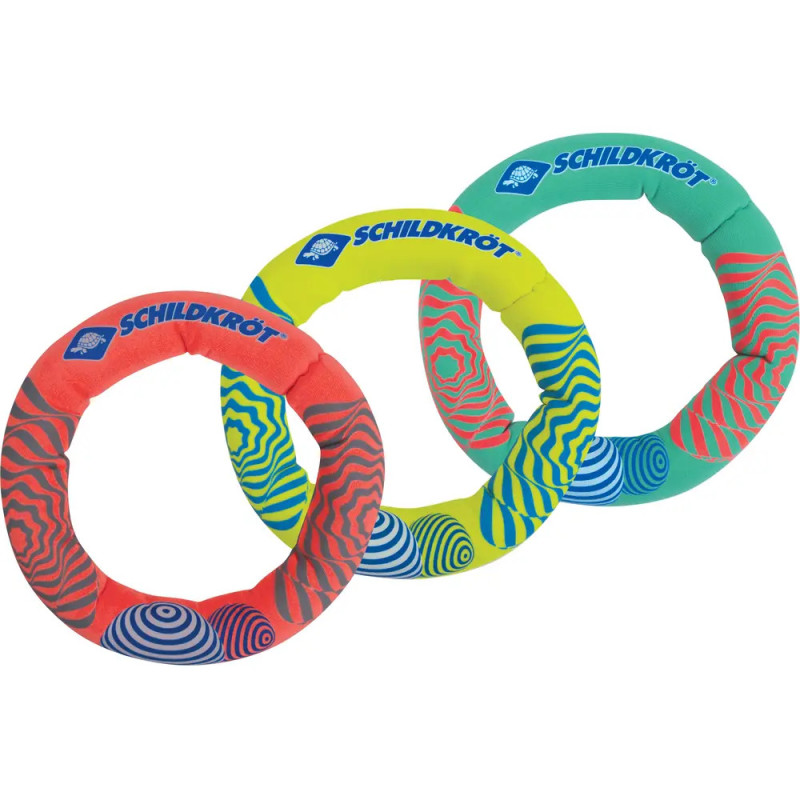 Drei bunte, gemusterte Schaumstoffringe mit blauem Schildkröt-Logo auf jedem Ring.