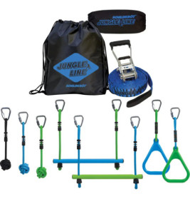 Dschungel-Gym-Set mit blauen und grünen Hindernissen, blauer Slackline, Tasche und Ratsche zum Aufbau.