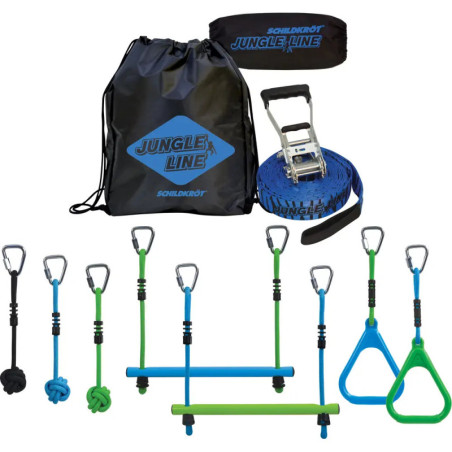 Dschungel-Gym-Set mit blauen und grünen Hindernissen, blauer Slackline, Tasche und Ratsche zum Aufbau.