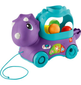 Lila-türkises Dinosaurier-Ziehtier mit bunten Bällen im Inneren und Zierknöpfen an der Seite.