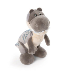 Graues und beiges Dinosaurier-Stofftier mit großen Füßen, breiter Schnauze und blauen Streifen auf dem Rücken.