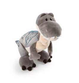 Graues Plüsch-Dinosaurier-Spielzeug mit blauen Streifen und freundlichem Blick vor weißem Hintergrund.